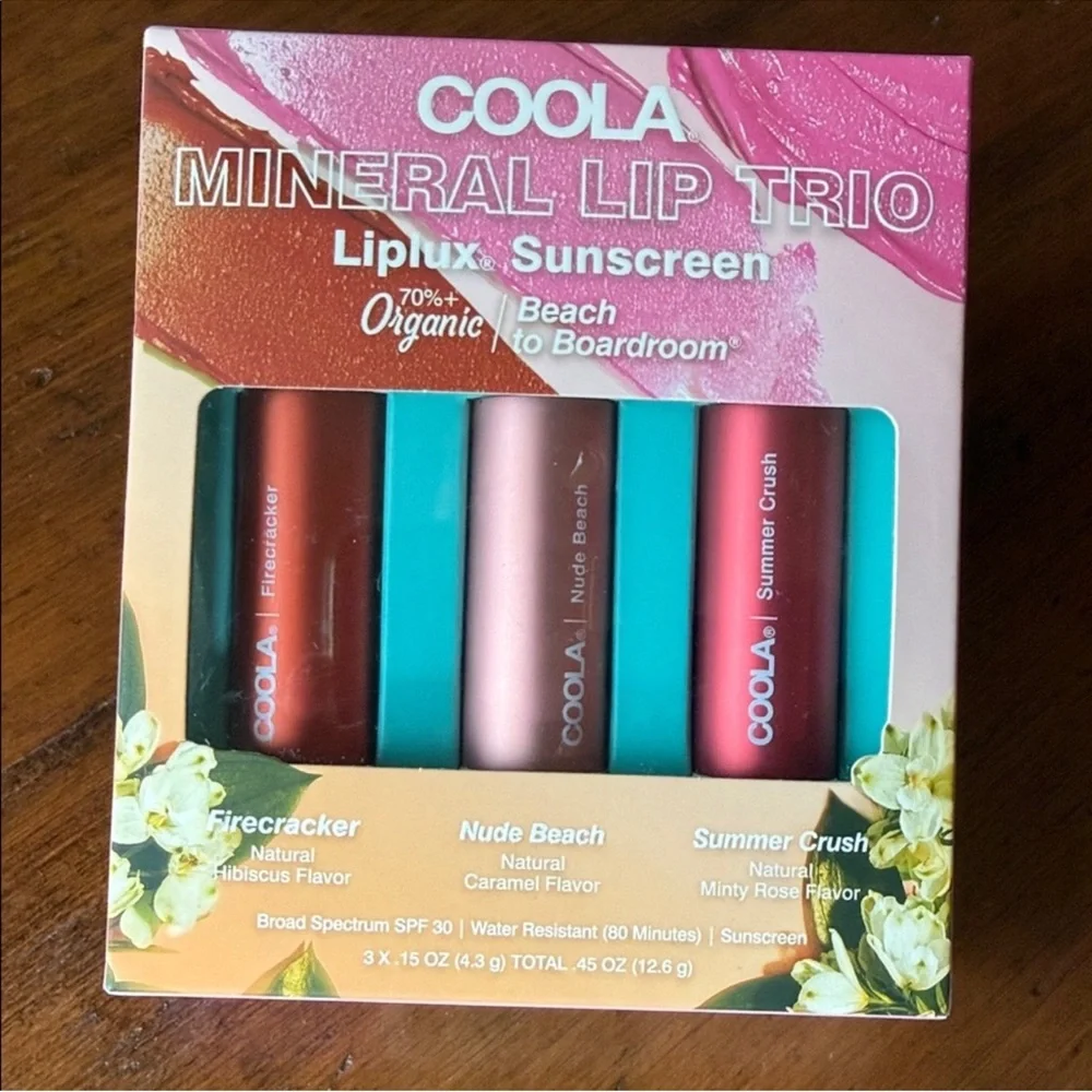 Coola Mineral Lip Trio Liplux Sunscreen 70% Organic Beach to Boardroom Lip Balm